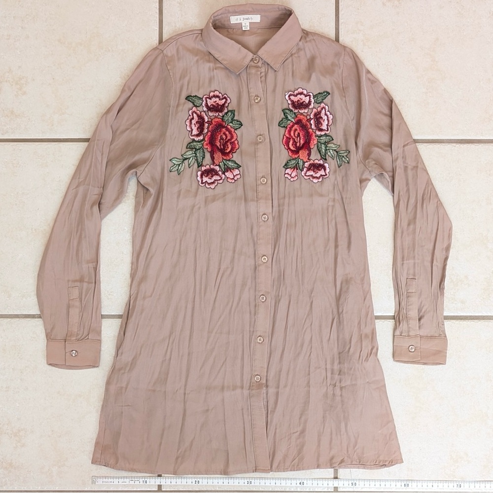Size M I Joah Tan Embroidered Floral Rose Collared Shirt Dress Bohemian Western - Picture 9 of 16